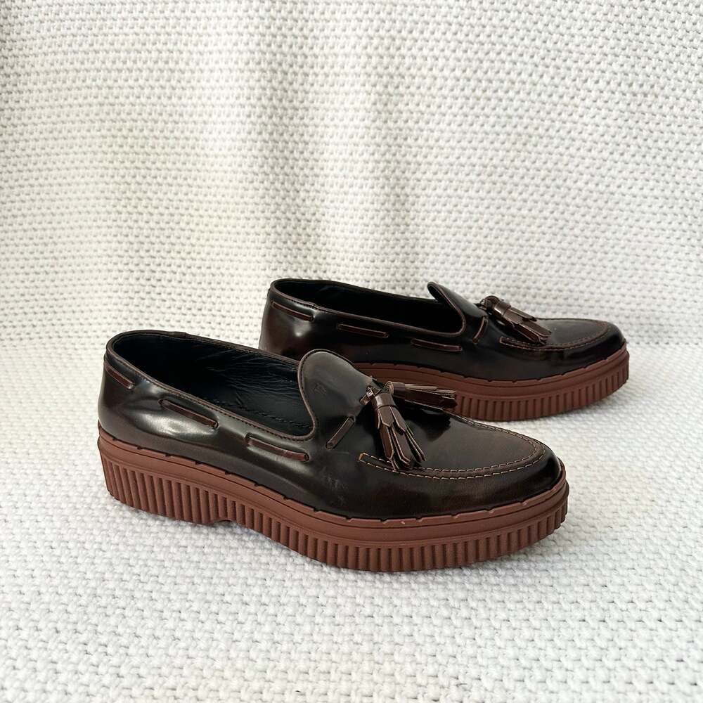 Tod's Two Tone Glossed Brown Black Almond Tassel Platform Creeper Loafers 41.5